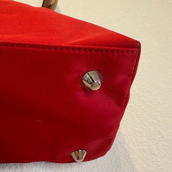 Red Nylon Shoulder Bag Tan Faux Leather Handles Classic Everyday Purse - Picture 4 of 10